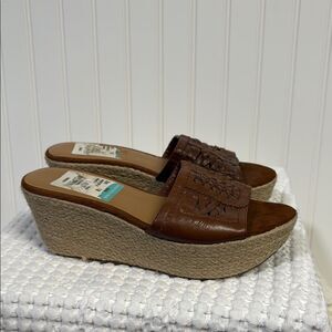 Nine West Brown Leather Mule Wedge Espadrille Sandals Size 7